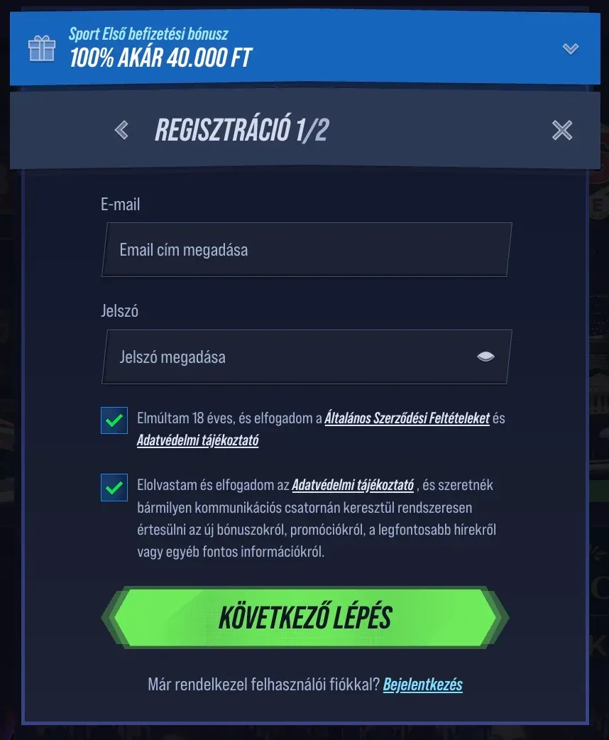 Regisztrációs űrlap a Vegashero casino